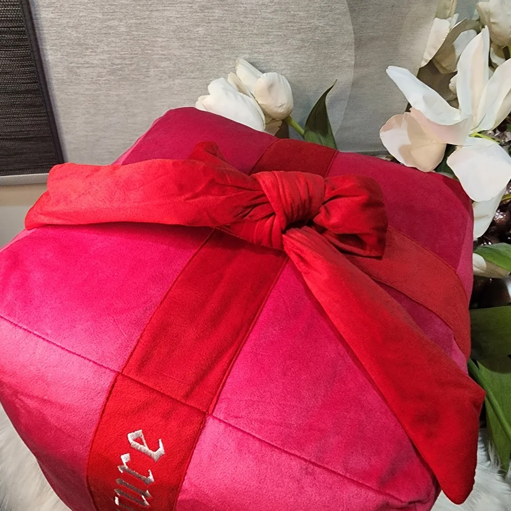 Juicy Couture Hot Pink Red Velour Christmas Present Decorative Pillow